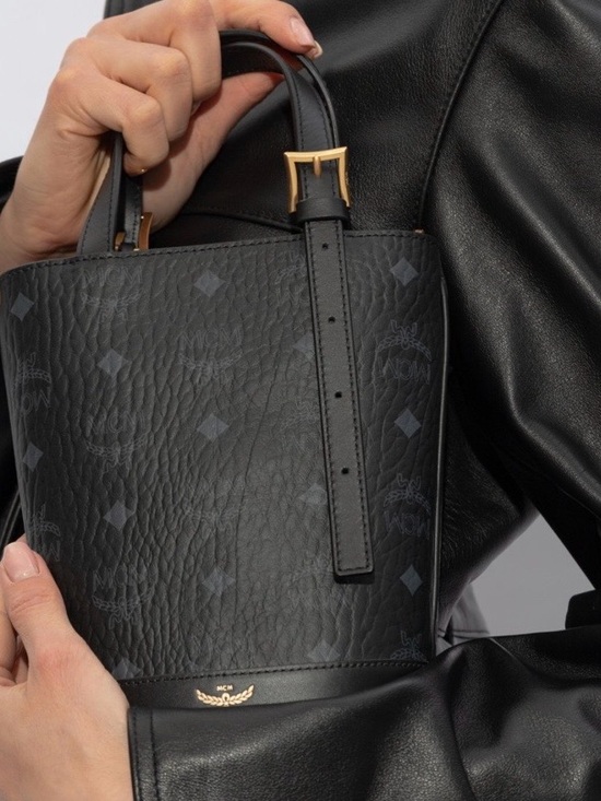 MCM Handbags - MCM Black Monogram Pebbled Leather Mini Bucket Bag with Gold Hardware